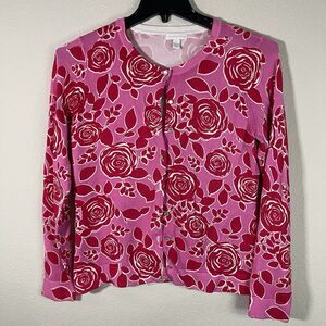Charter Club Women's Large Long Sleeve Cardigan Button Up Pink Roses Floral